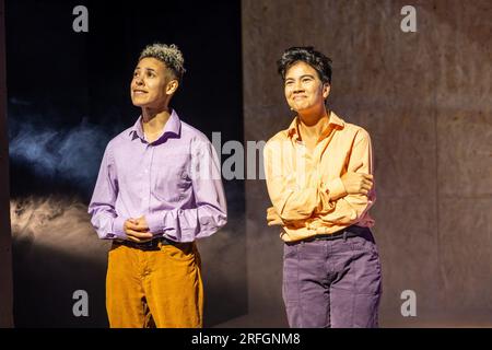 Edinburgh, United Kingdom. 03 August, 2023 Pictured: L to R EM Williams, Tika Mu’tamir. Two decades after the repeal of Section 28, this musical uses words taken from interviews the company has undertaken with students, activists, and teachers, as well as from tabloid articles and news clips. Credit: Rich Dyson/Alamy Live News Stock Photo