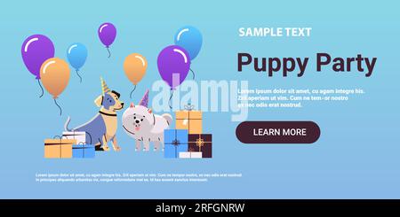 Happy national dog day greeting card cute doggy posing in hats holiday of domestic animals concept horizontal Stock Vector