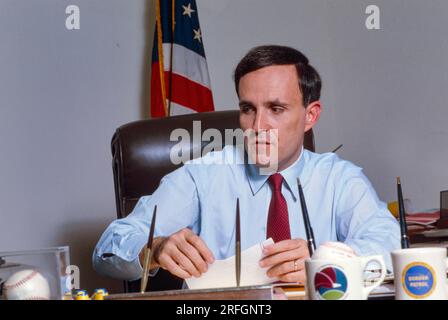 Rudy Giuliani, US Attorney for the Southern District of New York in his office in 1984. Rudolph William Louis Giuliani is an American politician and lawyer who served as the 107th Mayor of New York City from 1994 to 2001. He previously served as the United States Associate Attorney General from 1981 to 1983 and the United States Attorney for the Southern District of New York from 1983 to 1989. Photo by Bernard Gotfryd Stock Photo