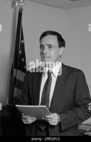 Rudy Giuliani, US Attorney for the Southern District of New York in his office in 1984. Rudolph William Louis Giuliani is an American politician and lawyer who served as the 107th Mayor of New York City from 1994 to 2001. He previously served as the United States Associate Attorney General from 1981 to 1983 and the United States Attorney for the Southern District of New York from 1983 to 1989. Photo by Bernard Gotfryd Stock Photo