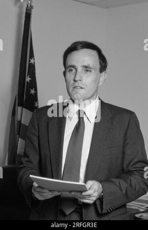 Rudy Giuliani, US Attorney for the Southern District of New York in his office in 1984. Rudolph William Louis Giuliani is an American politician and lawyer who served as the 107th Mayor of New York City from 1994 to 2001. He previously served as the United States Associate Attorney General from 1981 to 1983 and the United States Attorney for the Southern District of New York from 1983 to 1989. Photo by Bernard Gotfryd Stock Photo