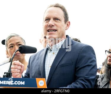 New York, United States. 03rd Aug, 2023. Manny Pastreich, President, SEIU Local 32BJ, speaking at a press conference about connecting New Yorkers to affordable housing in New York City. Credit: SOPA Images Limited/Alamy Live News Stock Photo
