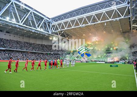 Stockholm, Sweden. 03rd Aug, 2023. STOCKHOLM, SWEDEN - AUGUST 3: A general interior overview while players are walking on the pitch with firework during the UEFA Conference League Second Qualifying Round - Second Leg match between Hammarby and FC Twente at Stockholm Arena on August 3, 2023 in Stockholm, Sweden (Photo by Pelle T Nilsson/BSR Agency) Credit: BSR Agency/Alamy Live News Stock Photo