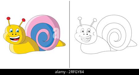 Funny and cute cartoon style coloring page of a Snail.  Hours of fun for a toddler or little kids.  Easy to color.  Simple coloring page for kids Stock Vector
