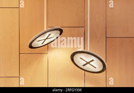 Two modern design ceiling lamps against wooden wall, contemporary indoor led lighting equipment Stock Photo