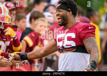 Washington Commanders defensive end Will Bradley-King (56) walks on the  field after a preseason NFL football game against the Carolina Panthers,  Saturday, Aug. 13, 2022, in Landover, Md. The Panthers won 23-21. (