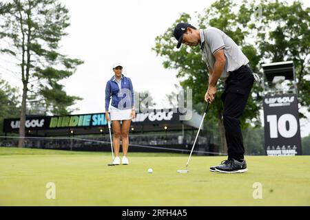 LIV Golf Broadcast member, Su-Ann Heng reacts on the 10th hole during