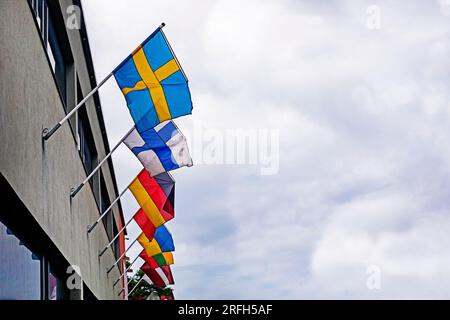 Europe, Estonia, Finland, Germany, Ukraine, Latvia, Lithuania flags on a building on a cloudy day Stock Photo