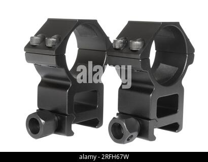 Thick rings and bases for anchoring a telescopic rifle scope to a firearm Stock Photo