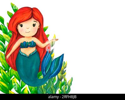 Watercolor seaweed frame with little mermaid and tropical fish. Sea plant isolated on white background. Hand painted botanical illustrations underwate Stock Photo
