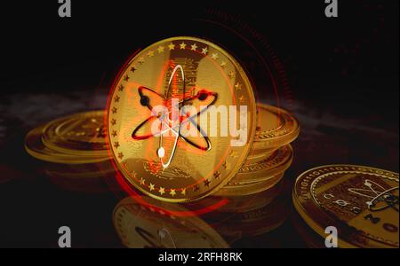 Cosmos ATOM cryptocurrency gold coin on green screen background. Abstract concept 3d illustration. Stock Photo