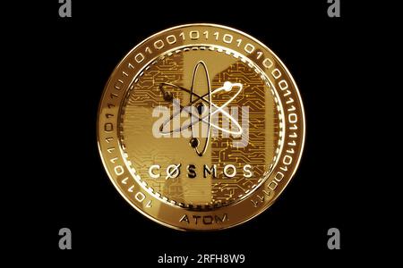 Cosmos ATOM cryptocurrency isolated gold coin on green screen background. Abstract concept 3d illustration. Stock Photo