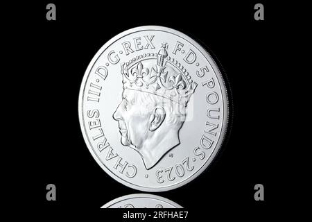 £5 coin to commemorate King Charles III coronation on May 6th 2023. Stock Photo