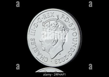 £5 coin to commemorate King Charles III coronation on May 6th 2023. Stock Photo