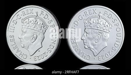 £5 coin to commemorate King Charles III coronation on May 6th 2023. Stock Photo