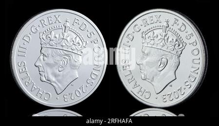 £5 coin to commemorate King Charles III coronation on May 6th 2023. Stock Photo