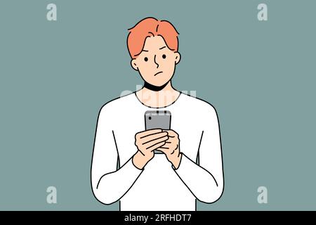 Pensive man with phone received warning text message with threat or bad news about storm warning. Confused young guy with disbelief reads spam sms in smartphone being skeptical about sender Stock Vector