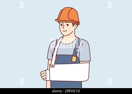 Man builder with broken arm after accident at workplace and looks at screen. Guy builder or foreman in hardhat and work overalls got injured during construction for employees insurance concept Stock Vector