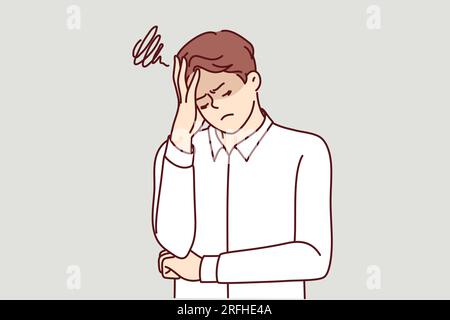 Distressed man suffers from psychological disorder caused by lack of friends and unpromising job. Distressed guy closes eyes and leans head on hands, experiencing regular stress and frustration. Stock Vector