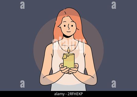 Woman with candle in hands looks at fire, performing religious ritual or seance. Positive girl holding candle to light way in dark due to power outage in house or broken lighting fixtures Stock Vector