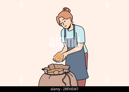 Woman stands near bag of malt for production of craft beer and collects hop grains in palms. Girl in apron works in agricultural factory preparing grains of prosso or wheat for processing. Stock Vector