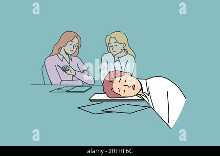 Lazy man sleeps on business meeting due to lack of ambition and motivation to work productively. Lazy guy and colleagues are sitting at table with documents in conference room waiting for boss to come Stock Vector