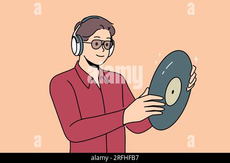 Hipster man with vinyl record listens to music in headphones, collecting retro discs with audio recordings. Guy looks at vinyl record and rejoices in buying rare copy with recording of concert Stock Vector