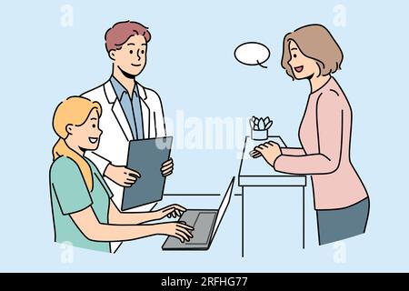 Woman client of clinic stands near reception desk and consults with doctor or chooses convenient time for next appointment. Employees of cosmetology clinic and potential patient are in lobby Stock Vector