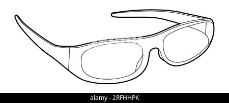 Wrap Around frame glasses fashion accessory illustration. Sunglass 3-4 view for Men, women, unisex silhouette style, flat rim spectacles eyeglasses, lens sketch outline isolated on white background Stock Vector