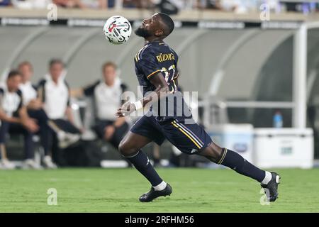 Orlando, Florida, USA. 2nd Aug, 2023. Real Madrid defender FERLAND MENDY (23) attacks the ball during the first half of the Florida Cup Series Soccer Champions Tour Juventus vs Real Madrid soccer match at Camping World Stadium. (Credit Image: © Cory Knowlton/ZUMA Press Wire) EDITORIAL USAGE ONLY! Not for Commercial USAGE! Stock Photo