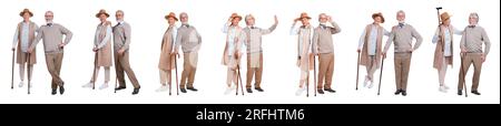 Collage with photos of senior couple with walking canes on white background Stock Photo