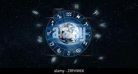 Zodiac wheel with astrological signs around Earth in open space, illustration Stock Photo