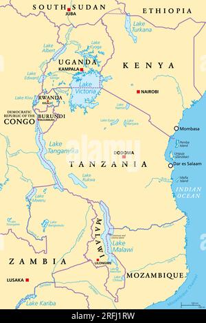 African Great Lakes region, political map. Large rift lakes of Africa, including Lake Victoria, Tanganyika and Lake Malawi. Stock Photo