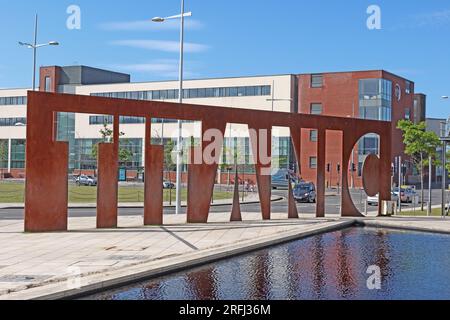 Eric Kuhne's Titanic museum big rusting iron sign, , 1 Olympic Way, Belfast, County Antrim, Northern Ireland, UK,  BT3 9EP Stock Photo