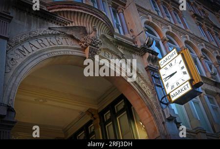 Cardiff Market Building and clock 1891 - Marchnad Caaerdydd, Castle Quarter, 49 St. Mary Street, Cardiff, Wales, UK, CF10 1AU Stock Photo