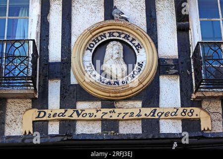 Timber framed buildings and architecture, commemorating John Kyrle, The man of Ross, died Nov 7th 1724, Ross-on-Wye, Herefordshire, England,HR9 5HD Stock Photo