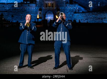 Edinburgh Castle, Edinburgh, Scotland, UK, 03 August 2023, Edinburgh Military Tattoo: The 2023 Show includes performances from Norway, USA, Australia, Trinidad and Tobago and Switzerland, with  the Royal Air Force as the lead Service this year. Pictured: The United States Air Force Band. Credit Sally Anderson/Alamy Live News Stock Photo