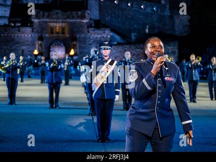 Edinburgh Castle, Edinburgh, Scotland, UK, 03 August 2023, Edinburgh Military Tattoo: The 2023 Show includes performances from Norway, USA, Australia, Trinidad and Tobago and Switzerland, with  the Royal Air Force as the lead Service this year. Pictured: The United States Air Force Band. Credit Sally Anderson/Alamy Live News Stock Photo
