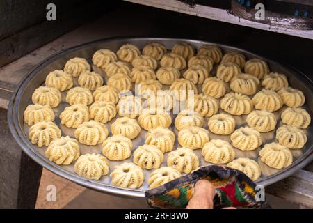 Process of making arabic cookies and kahk for islamic eid after ramadan Stock Photo