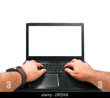 Man hands typing on a laptop computer with blank screen isolated on white background, clipping path. Stock Photo