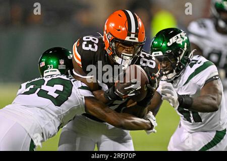 New York Jets linebacker Claudin Cherelus (41) in action against the Tampa  Bay Buccaneers during an NFL pre-season football game Saturday, Aug. 19,  2022, in East Rutherford, NJ. (AP Photo/Rich Schultz Stock