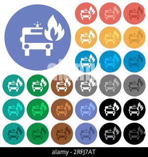 Fire engine with flame multi colored flat icons on round backgrounds. Included white, light and dark icon variations for hover and active status effec Stock Vector