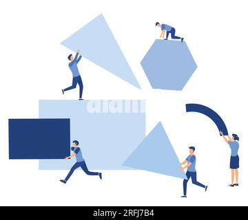 A team of people assemble an abstract geometric puzzle. characters collect geometric shapes, flat vector modern illustration Stock Vector