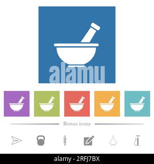 Mortar and pestle solid flat white icons in square backgrounds. 6 bonus icons included. Stock Vector