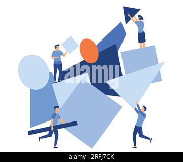 A team of people assemble an abstract geometric puzzle. characters collect geometric shapes, flat vector modern illustration Stock Vector