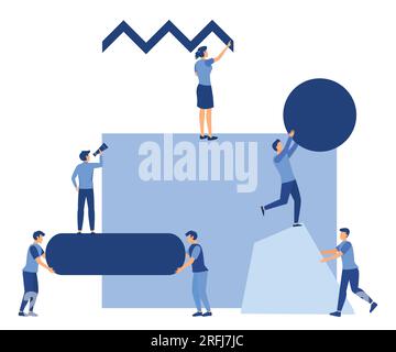 A team of people assemble an abstract geometric puzzle. characters collect geometric shapes, flat vector modern illustration Stock Vector