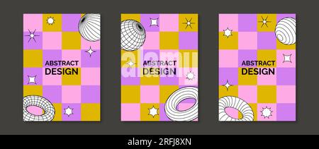 Colorful neo geometric design posters set. Collection of 3d torus, cone, cylinder, sphere, bling shapes on checkered background. Set of retro futuristic templates for cover, banner, flyer. Vector pack Stock Vector