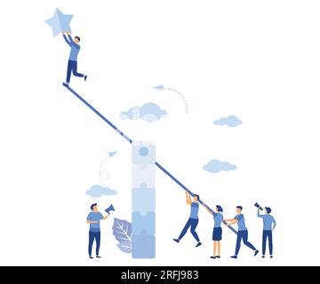 groups of people on a swing and a steady pyramid of puzzles, teamwork to get a star from the sky, achieving success, flat vector modern illustration Stock Vector