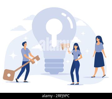 Inspirational Insight, People Carrying Key to Lightbulb with Keyhole. Workers, Employees Having Solution to Problem, flat vector modern illustration Stock Vector