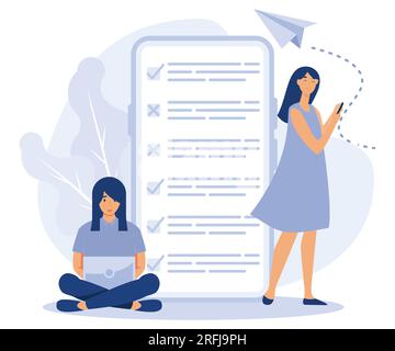 Online survey illustration concept, people filling online survey form on mobile and tablet, flat vector modern illustration Stock Vector